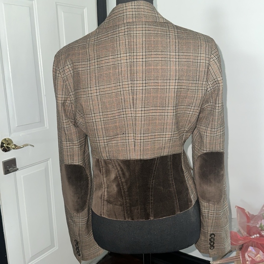 BCBG MAXAZRIA Plaid Wool Mahogany Elbow Patch Flap Pockets Blazer - Picture 5 of 10